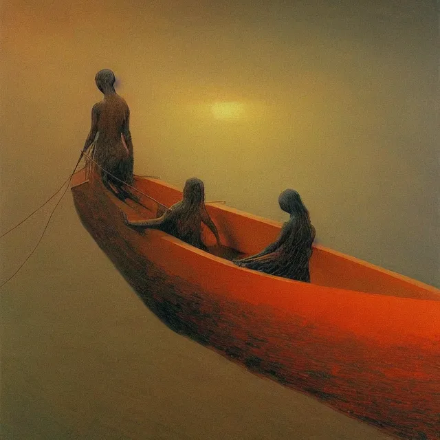 Prompt: A beautiful painting of In the same boat by Zdzisław Beksiński and Ilya Repin,In style of Abstract art.illustration,hyper detailed,smooth, sharp focus,trending on artstation,oil on the canvas,4k