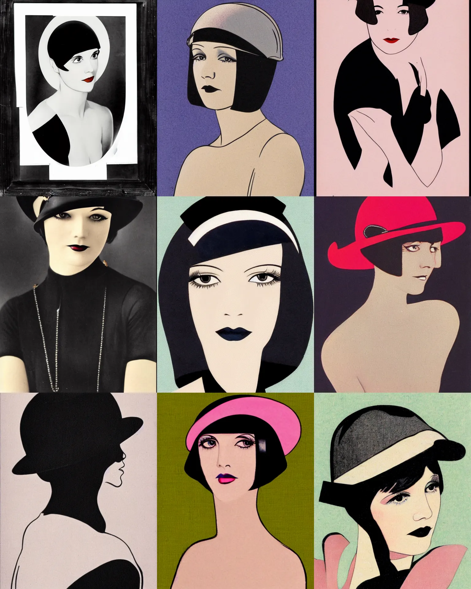 Prompt: Mary Louise Brooks 25 years old, bob haircut, portrait by Patrick Nagel, 1920s, wearing a Cloche Hat