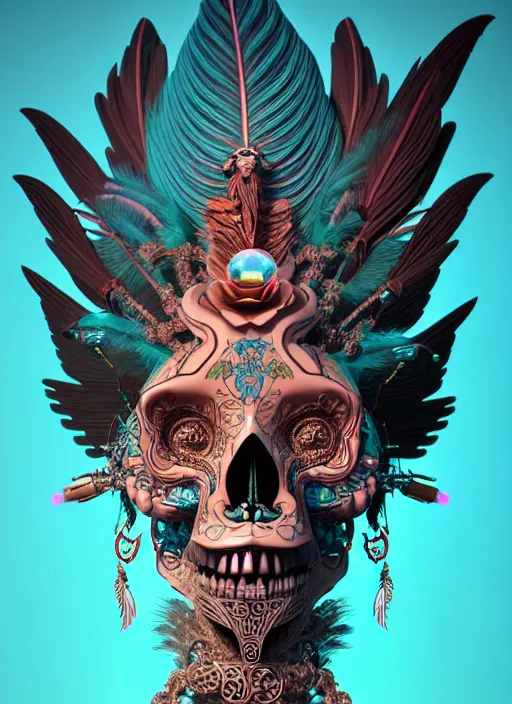 Image similar to 3 d goddess with tattoos profile portrait, sigma 5 0 0 mm f / 5. beautiful intricate highly detailed quetzalcoatl skull and feathers. bioluminescent, plasma, lava, ice, water, wind, creature, thunderstorm! artwork by tooth wu and wlop and beeple and greg rutkowski, 8 k trending on artstation,