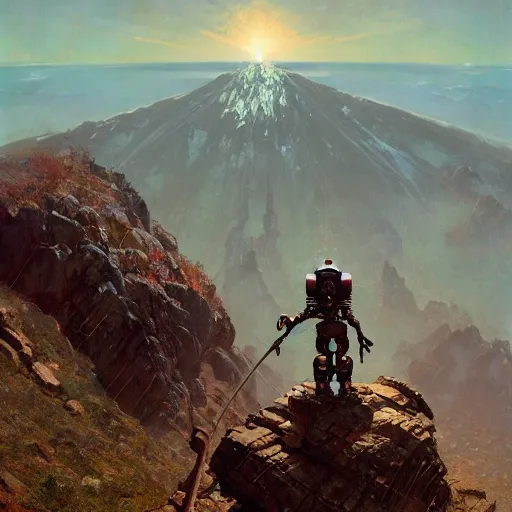 Image similar to robotic warrior standing on top of a mountain with a beautiful cosmic background by by norman rockwell, jack kirby, bergey, craig mullins, ruan jia, jeremy mann, tom lovell, deviantart, cgsociety, trending on artstation, award winning, 8 k resolution, sharp focus