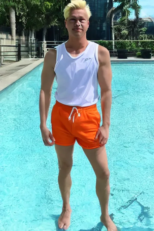 Prompt: a handsome man with blonde hair who is also a male android, ken, muscular, wearing a cut-off white crop top and short light orange shorts stands by a swimming pool, shiny skin, robotic pose