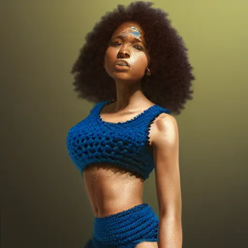 Image similar to A black woman with blue and brown ombre hair wearing a crocheted crop-top, illustrated by Greg Rutkowski, photorealistic portrait, trending on artstation, artstationHQ, artstationHD, dappled lighting,