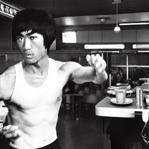 Prompt: 8 k vintage portrait photograph of bruce lee standing inside of a detailed and busy wafflehouse