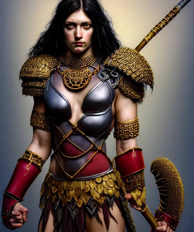 Image similar to hyperrealistic mixed media painting of a beautiful young female barbarian, stunning 3d render inspired art by P. Craig Russell and Barry Windsor-Smith + perfect facial symmetry + dim volumetric lighting, dark black hair, pale skin, ornate crimson armor with gold trim, dizzy, full body, confident heroic pose, arms crossed, d&d, 8k octane beautifully detailed render, post-processing, extremely hyperdetailed, intricate, epic composition, grim yet sparkling atmosphere, cinematic lighting + masterpiece, trending on artstation, very very detailed, masterpiece, stunning