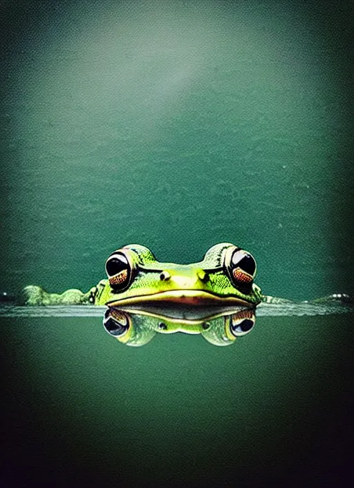 Image similar to “smiling frog vertically hovering over misty lake waters in jesus christ pose, semi translucent frog body, low angle, long cinematic shot by Andrei Tarkovsky, paranormal, eerie, mystical”