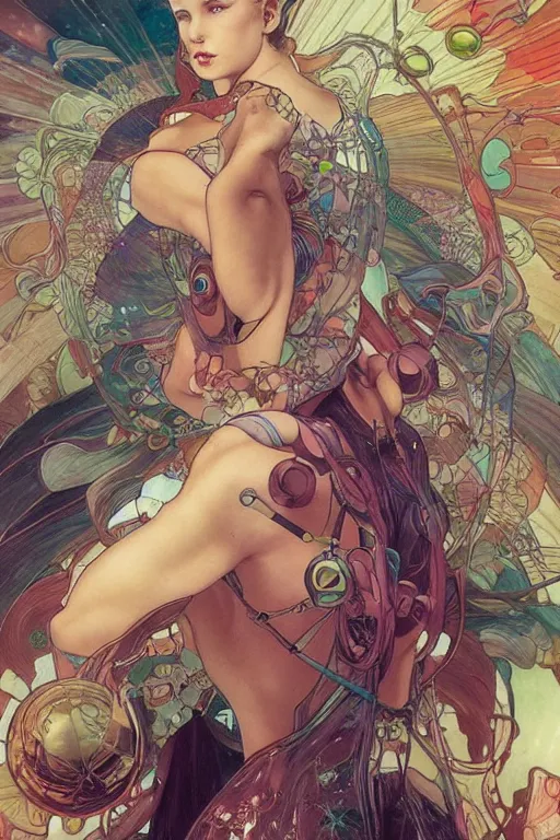 Image similar to swimming through time, by artgerm and yoshitaka amano and moebius and alphonse mucha, hyperdetailed, dc comics, ornate, nebula, explosions in the sky, trending on artstation