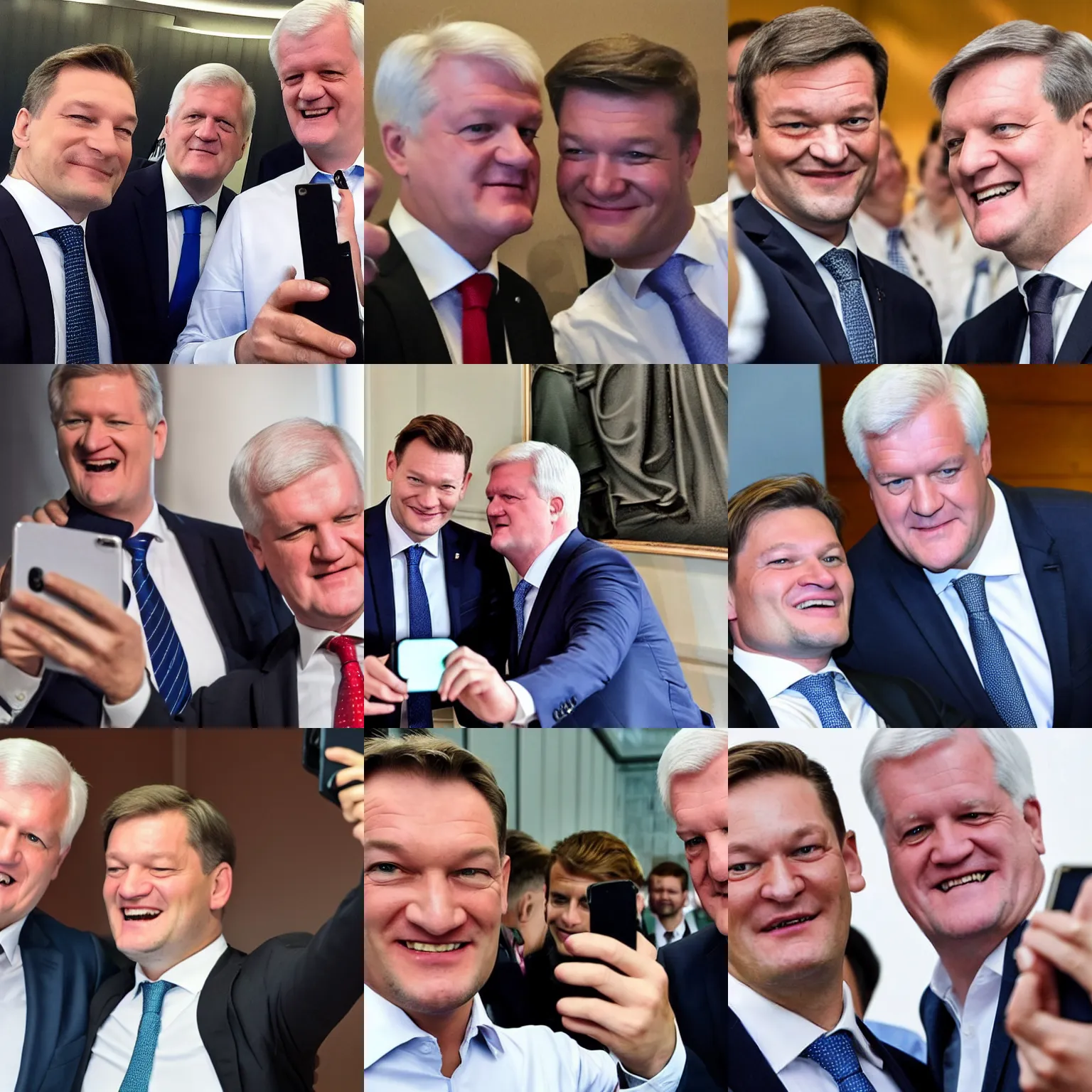 Prompt: Politician Markus Söder taking a selfie together with Politican Horst Seehofer