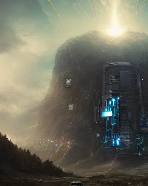 Prompt: cult of technology, exterior of scifi temple, machines, robots, ultra realistic, transparent labs, computers, highly detailed, mountains, clouds, futuristic landscape, city, atmosphere, masterpiece, holy place, epic lighting, glowing wires, mysterious, illuminated, 4 k, cinematic, art by patryk olkiewicz and chris ostrowski and liang yao