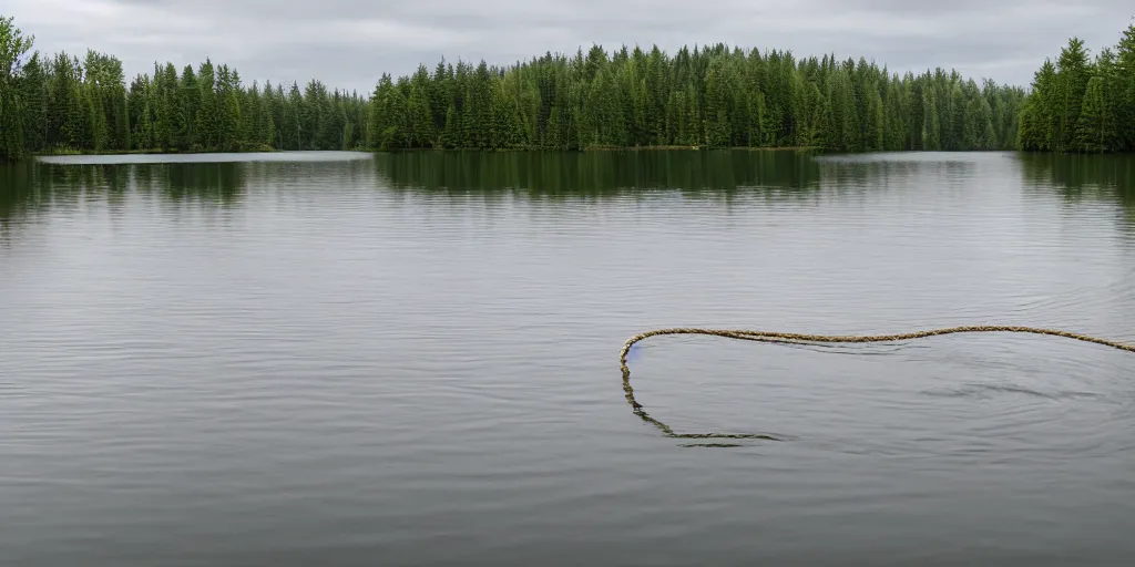 Image similar to centered photograph of a infinitely long rope zig zagging snaking across the surface of the water into the distance, floating submerged rope stretching out towards the center of the lake, a dark lake on a cloudy day, color film, trees in the background, hyper - detailed photo, anamorphic lens