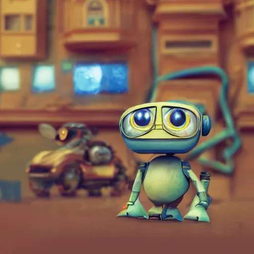Prompt: two small chubby bots, hyperdetailed colourful, smooth panelling, intricate detail, pushing a battery, style of cute pokemon, with damaged rusty arms, antenna, jerboas, floating, white studio, oil, mechanical, cute toy, wall - e, ambient light, in the style of pixar animation, pokedstudios,, blender, octane render, 8 k,