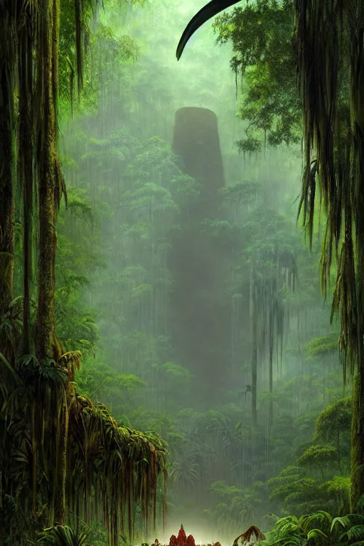 Image similar to a swampy tropical forest surprising a ancient mayan ruins with argentinosaurus walking around, tone mapped, shiny, intricate, cinematic lighting, highly detailed, digital painting, artstation, concept art, smooth, sharp focus, illustration, art by arthur haas and bruce pennington and john schoenherr
