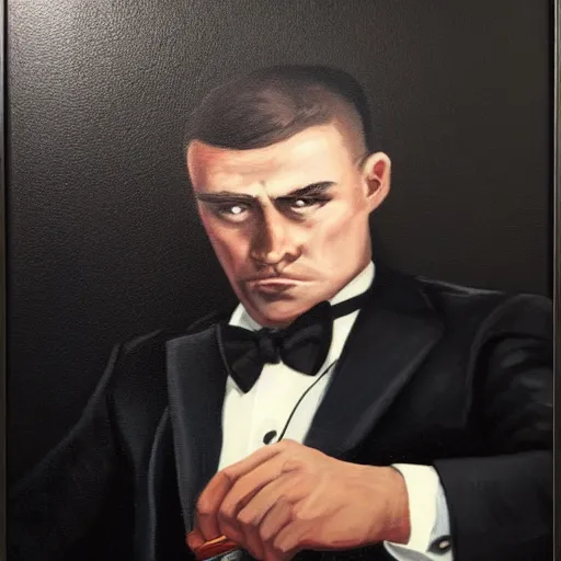 Prompt: a close - up canvas painting of a realistic gangster irish man with a fade haircut, lighting a cigar, wearing a suit and bowtiw, highly detailed