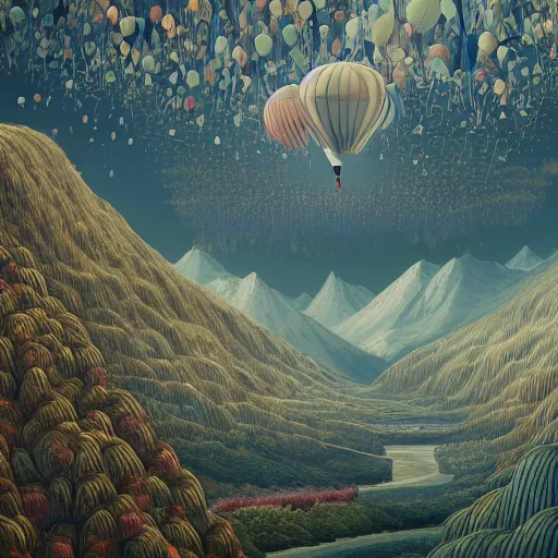 Image similar to landscape with forest, river and mountains made of all kinds of baloons , concept art, huge scale, high detail, sci fi by James Jean