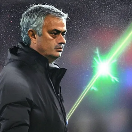 Image similar to jose mourinho jumping shooting lasers, in the sky, clouds, beautiful picture