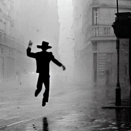 Image similar to the man leaping in a raining paris street, by henri cartier bresson,