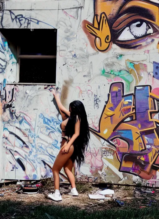 Prompt: film still of kylie Jenner doing a graffiti mural, derelict house, cinematic lighting, cinematic, rear pov,