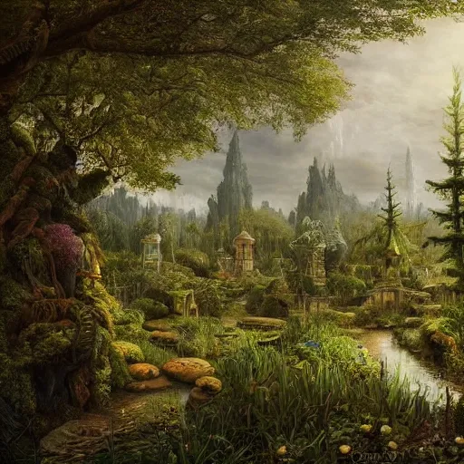 Image similar to a beautiful and highly detailed matte painting of a magical fantasy garden in a lush forest, intricate details, epic scale, insanely complex, 8 k, sharp focus, hyperrealism, by caspar friedrich,