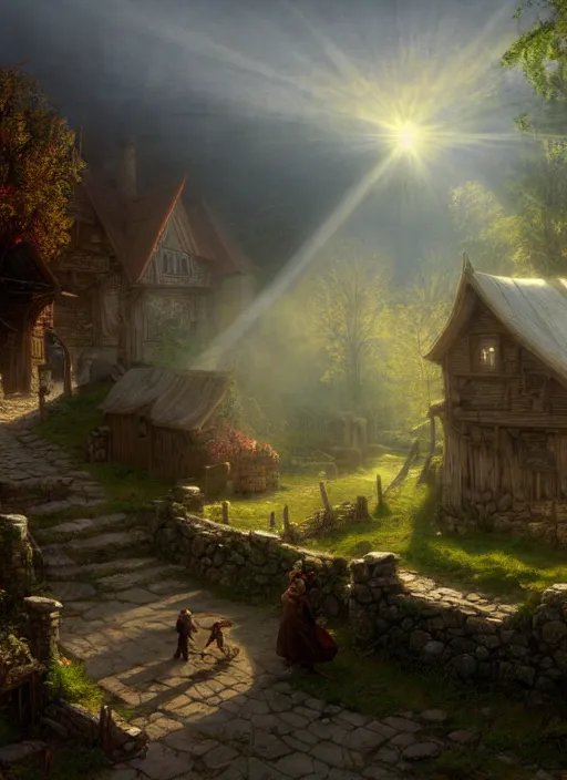 Prompt: small poor medieval village, mist, sunrays, dust in the air, dnd character, unreal engine, octane render, dramatic lighting, pond, digital art, by stanley artgerm lau, greg rutkowski, thomas kindkade, alphonse mucha, loish, norman rockwell,