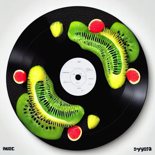 Image similar to isometric photo vinyl turntable vinyl record with texture of kiwi fruit, 4 k, unreal render, by blender guru, syntwave colors