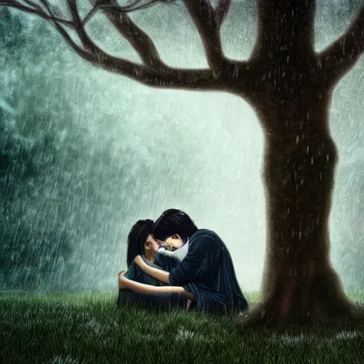 Prompt: portrait of dark haired man under large tree holding a sleeping woman close, outside, heavy rain, high fantasy, travellers, digital illustration, trending on artstation, somber, muted colors, intricate, 8 k