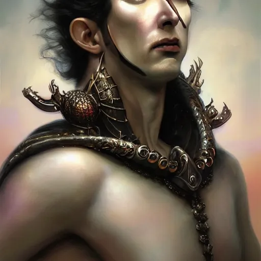 Image similar to closeup portrait shot of brian molko as slaanesh, the prince of pleasure, lord of excess, she who thirsts, desire, highly detailed, digital painting, artstation, concept art, soft focus, depth of field, artgerm, tomasz alen kopera, peter mohrbacher, donato giancola, wlop, boris vallejo