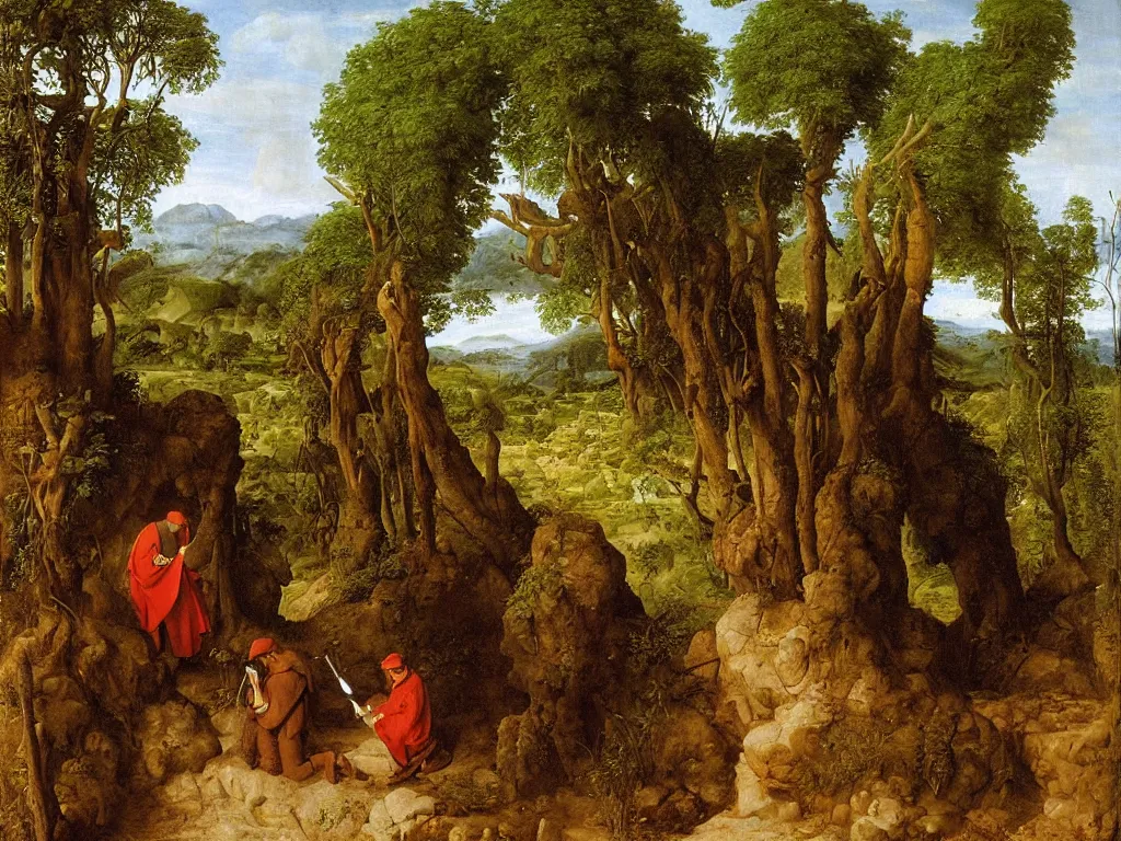 Image similar to kneeling painter washing his brush in a desert oasis, ferns. painting by jan van eyck