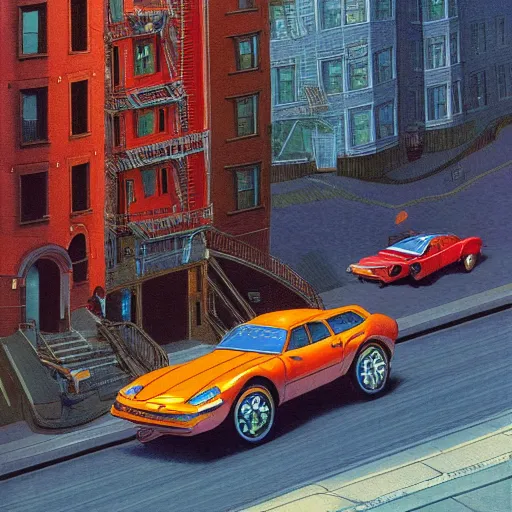 Image similar to copper colored sport car racing through a street in nyc, painted by, mc escher, gordon onslow ford, georgia o'keeffe and ivan aivazovsky, cinematic light, god rays, colourful.