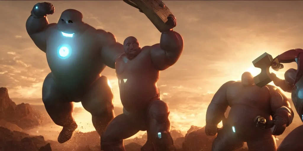 Prompt: obese rotund ironman lifting mjolnir high up, cinematic shot