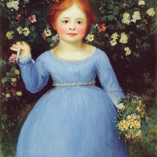 Prompt: beautiful girl, with flowers in her hand and a blue dress, Anderson Sophie