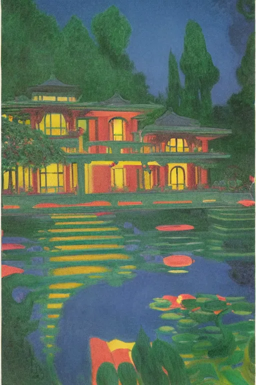 Prompt: cinematic aerial view of decorated surrealist Mansion lake garden at night by Edward Hopper and Claude Monet, Mansion garden lit by floating shoji lamps, Japanese 1920s maximalist art deco Mansion backyard design by Katsuhiro Otomo, the moon reflects in the water, the moon casts long exaggerated shadows, blue hour, hyper-detailed watercolor and pen illustration by Syd Mead and by Jean Giraud, aerial view