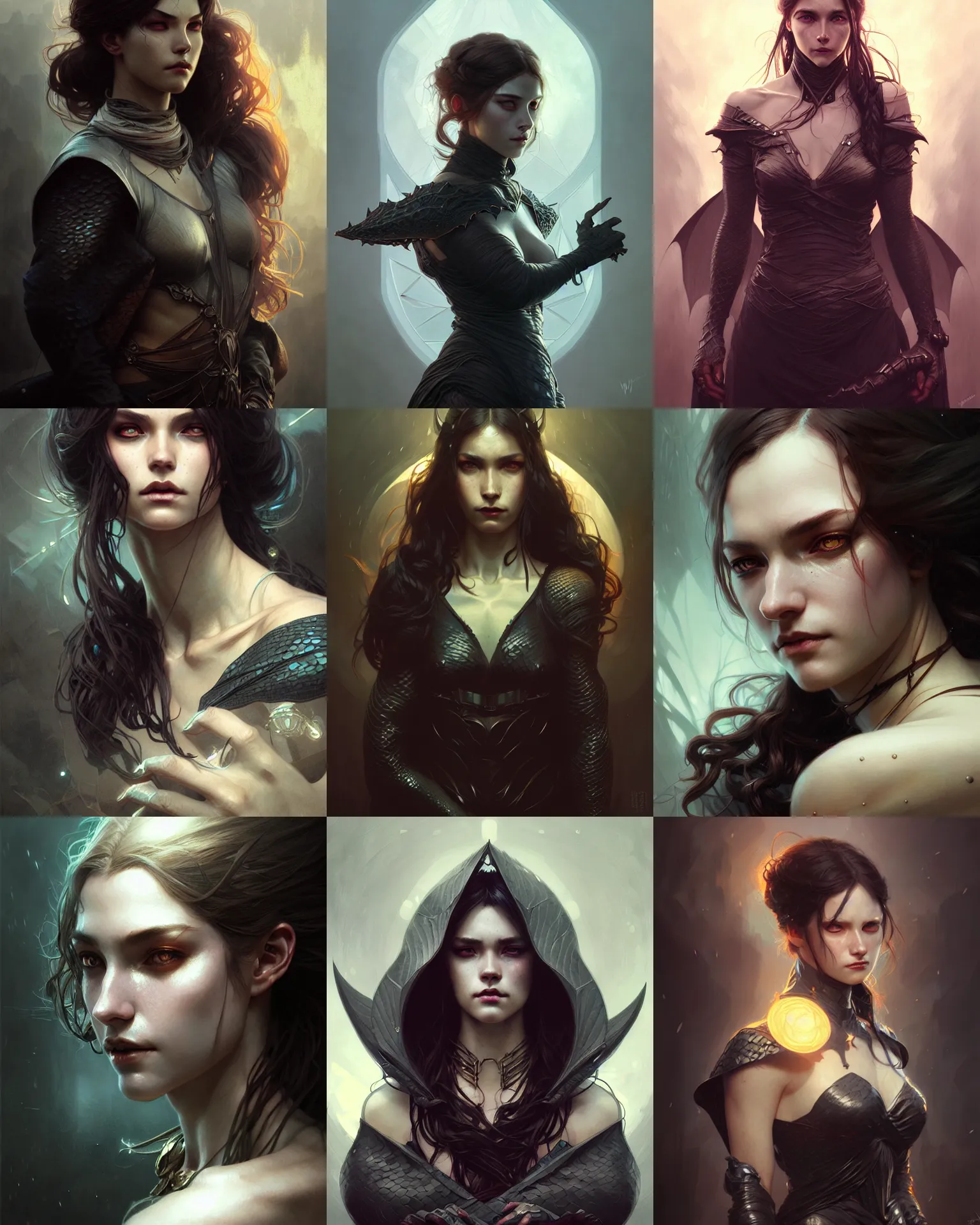 Prompt: portrait rugged girl, dark supervillain, dragon scales, fantasy magic, dark light night, intricate, elegant, sharp focus, illustration, highly detailed, digital painting, concept art, matte, art by WLOP and Artgerm and Greg Rutkowski and Alphonse Mucha, masterpiece