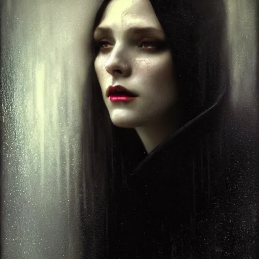 Prompt: hyperrealistic portrait of a woman as a vampire witch tears sorrow makeup dramatic in a black coat reflection in a stone mirror while it's heavily raining. by jeremy mann and alphonse mucha, fantasy art, photo realistic, dynamic lighting, artstation, poster, volumetric lighting, very detailed faces, 4 k, award winning