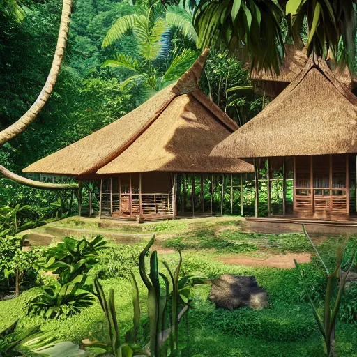 Image similar to a beautiful 3d renderings of a little house in the jungle, Balinese architecture by SOM Architect, Studio Ghibli,. Architectural photography, 14mm, cinematic photography, high resolution 4k, cg architects, vray