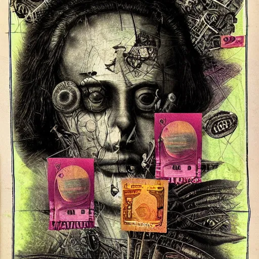 Image similar to post - punk new age album cover, asymmetrical design, dollar bank notes, capitalism, magic, apocalypse, psychedelic, black white pink, magic, giger h. r., giuseppe arcimboldo