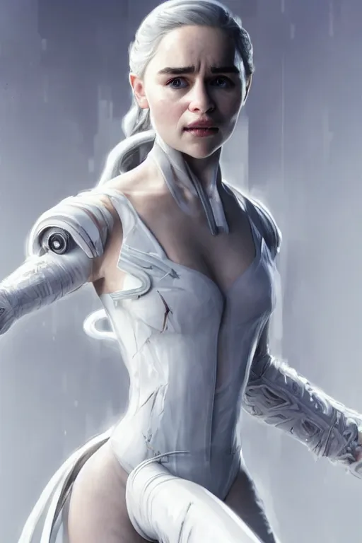 Prompt: Emilia Clarke wearing a White Cyberpunk outfit, anatomy, only two hands, highly detailed, digital painting, artstation, concept art, smooth, sharp focus, illustration, Unreal Engine 5, 8K, art by art by artgerm and greg rutkowski and edgar maxence