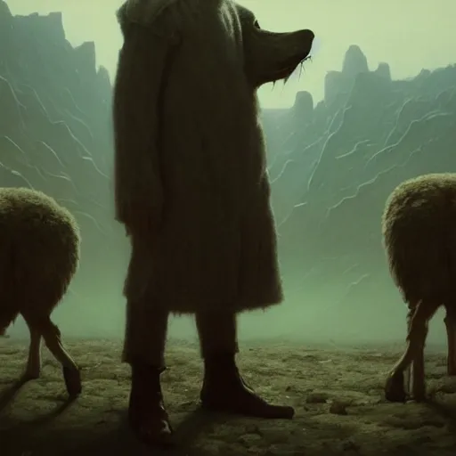 Prompt: Walter White as an anthropomorphic wolf dressed in sheeps clothing, highly detailed, fullbody, artstation, dark fantasy, horror, concept art, smooth, sharp focus, illustration, art by Greg Rutkowski and orientalism and Bouguereau and Zdzislaw Beksinski, good clear quality, lighting, biology, symmetrical artwork, perfect face, 135 mm, cinematic, hyper realism, high detail, octane render, 8k, chrome accents