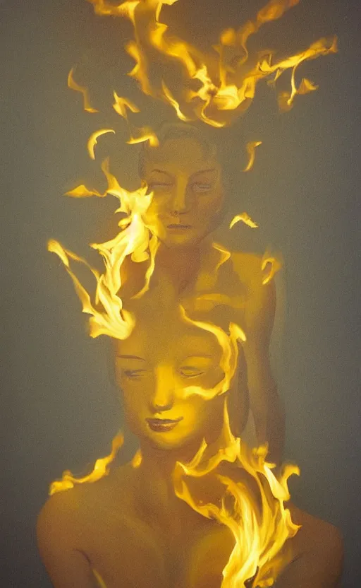 Image similar to a surreal painting of a woman made of golden fire, volumetric lighting