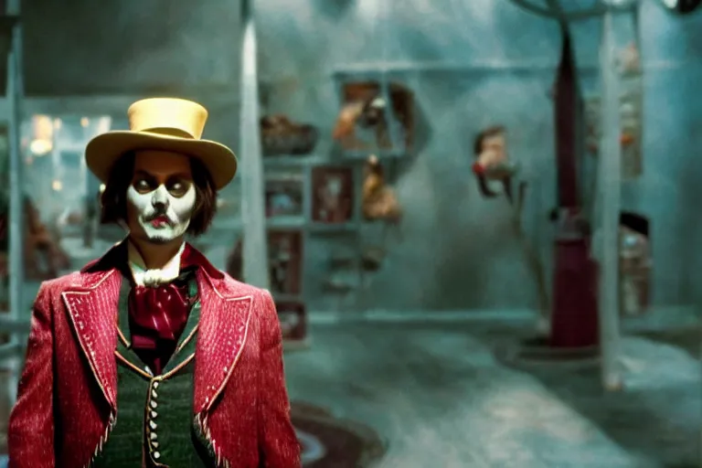 Image similar to johnny depp as a character in willy wonka's chocolate factory movie directed by tim burton,, cinematic still, movie still, long lens, shallow depth of field, bokeh, anamorphic lens flare, 8 k