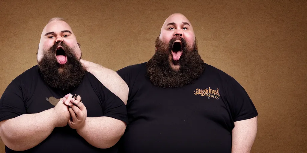 Prompt: extremely fat man with beard eating universe wallpapers fat folds