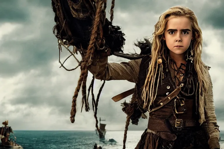 Image similar to promotional image of kiernan shipka as a gritty pirate captain in the new Pirate of the Carribean movie, dark stormy weather, detailed face, movie still frame, promotional image, imax 70 mm footage