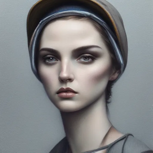 Prompt: tom bagshaw portrait, beautiful portrait of a woman with angel eyes in a suit, hair under a baseball cap, professionally retouched, focus eyes, ultra realistic soft painting, insanely detailed linework, symmetrical accurate intricate features, behance, 8 k