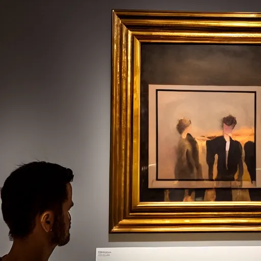 Image similar to A man staring at a painting of himself staring back. Modern art gallery. Wide angle. Photorealistic. Dramatic lighting. Award winning photography. 35mm photograph.