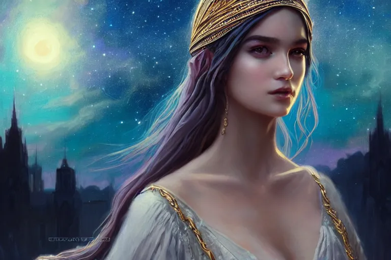 Prompt: masterpiece portrait charming and miracle female luxury astromancer boho accessories in dreamlike movie, high detailed face, art by artgerm, greg rutkowski, sasoura, satchely, big major starry sky and city in background, uhd, medium long shot, fantasy, no distorsion, sharp focus, front light