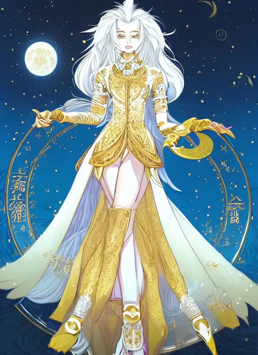 Image similar to commissioned full body portrait of a female anthro werewolf princess fursona with white hair wearing a white and gold Chinese armored dress in a white and gold palace on a starry night with a large crescent moon, by a professional manga illustrator, Stanley Artgerm Lau, WLOP, Rossdraws, James Jean, Andrei Riabovitchev, Marc Simonetti, and Sakimichan, trending on artstation