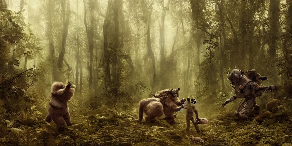 Image similar to an astronaut comes a across a strange furry creature in a forest, a detailed matte painting by frieke janssens, featured on cgsociety, fantasy art, matte painting, reimagined by industrial light and magic, matte drawing