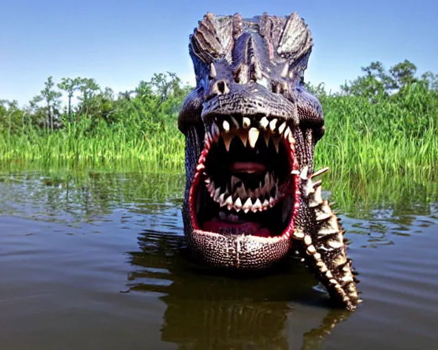 Image similar to wise zulu elder alligator guy has a sharp line of teeth. my teeth are sharp. there is a lake in the foreground with water reflections.