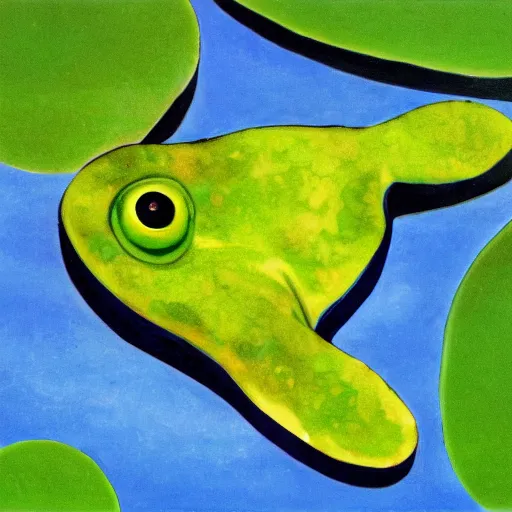 Image similar to cubist painting of a tadpole in clean water with lilly pads