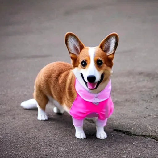 Prompt: a corgi wearing a pink dress