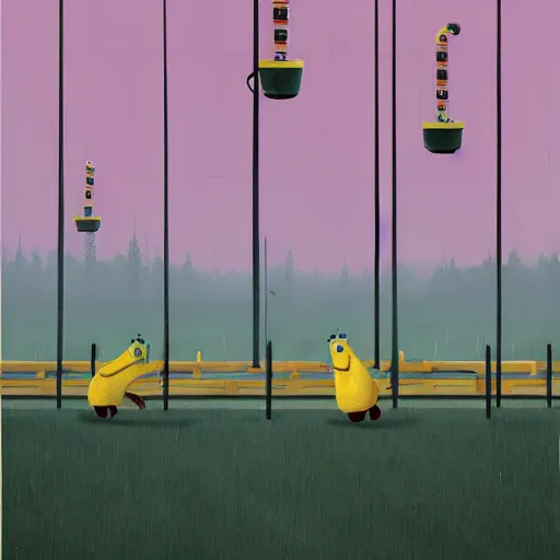 Prompt: simon stalenhag, bananas in pajamas, foggy, horror