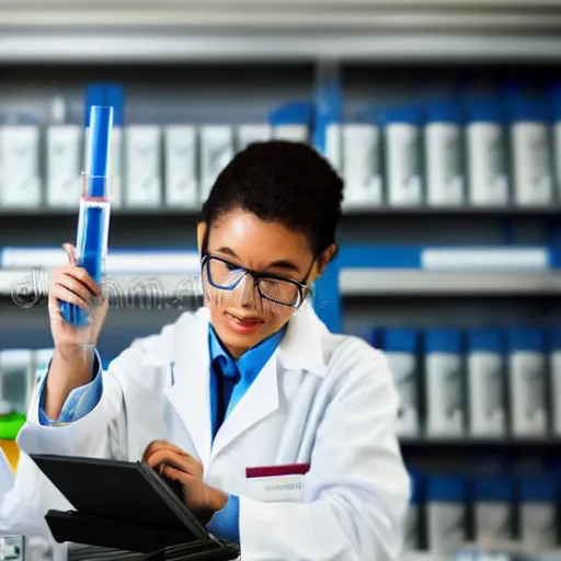 Prompt: professional stock photo of a scientist in a computer lab, holding a test tube and looking at it